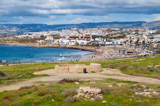 Archaeological site of Nea Paphos on Cyprus island. Fanari Hill panoramic viewing platform of Paphos coast