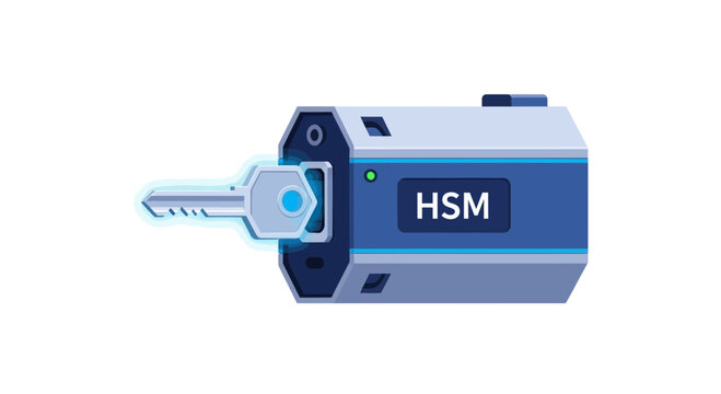 Hardware Security Module (HSM) Illustration with Glowing Digital Key for Data Encryption, Cyber Security, and Cryptographic Key Management Concept