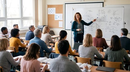 Obraz premium Female professor leading interactive lesson pointing at educational diagram on classroom whiteboard with education classroom learning