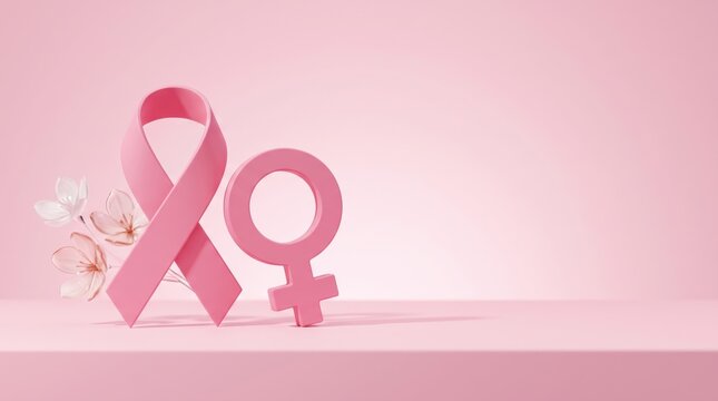 Pink breast cancer awareness ribbon and female symbol with flowers