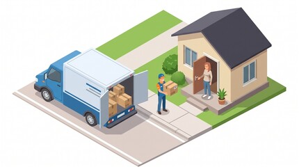 Fototapeta premium Delivery van unloads cardboard boxes as a courier hands a package to a woman outside her suburban home.