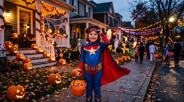 Little boy dressed as a superhero with red cape standing on front yard path decorated with glowing pumpkins for trick or treating, halloween