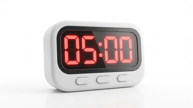 Digital alarm clock displays red illuminated LED numbers showing five o'clock on a white background.