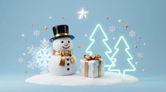 A cheerful snowman with a gift on a snowy mound with Christmas trees