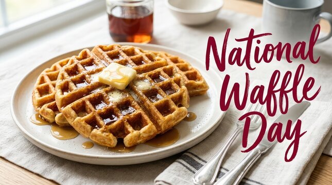 National Waffle Day elegant typography poster with buttered waffles on table