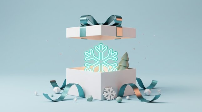 Gift box with glowing snowflake and festive decorations opening up
