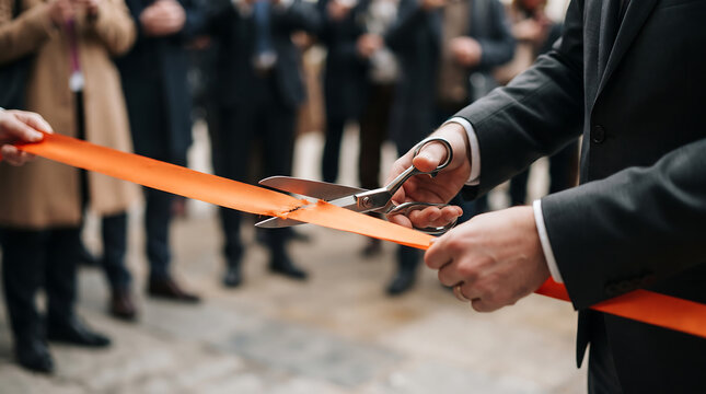 Professional person wearing suit holding pair of scissors while cutting vibrant orange ribbon at grand opening ceremony marking successful milestone and new beginning.