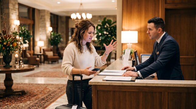 Female traveler expressing frustration at hotel front desk receptionist with receptionist complaint frustration argument customer