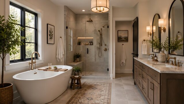 Luxurious bathroom interior features a freestanding tub and walk in shower with stone tile