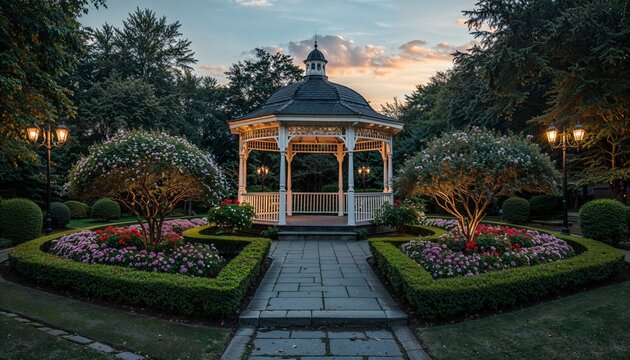 Classic white garden gazebo illuminated at dusk surrounded by flowers