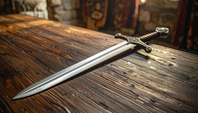 Antique steel sword resting on rustic wooden table.