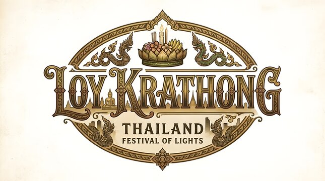 Loy Krathong Thailand Festival of Lights Vintage Emblem