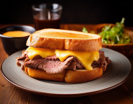 juicy roast beef sandwich with melted cheese served with a side of au jus