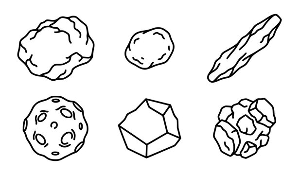 Meteorite line art icon set with rocky asteroid space object outline vector designs