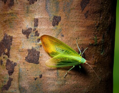 leafhopper on textured tree bark