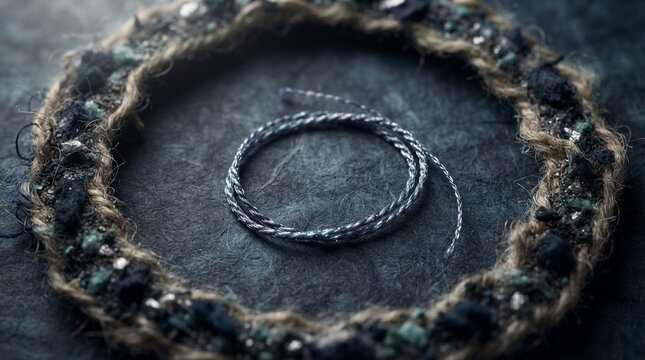 Metallic silver thread coil placed inside a rustic handcrafted decorative textured wreath on dark background