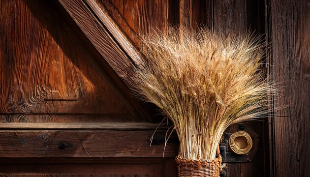 traditional wicker bundle of wheat sheaves against rustic wooden door