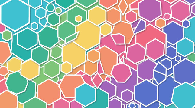 Overlapping hexagon geometric pattern with shadow effects and vibrant color mix.