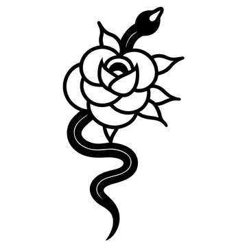 Minimalist black outline of a snake wrapped around a rose, simple tattoo flash.