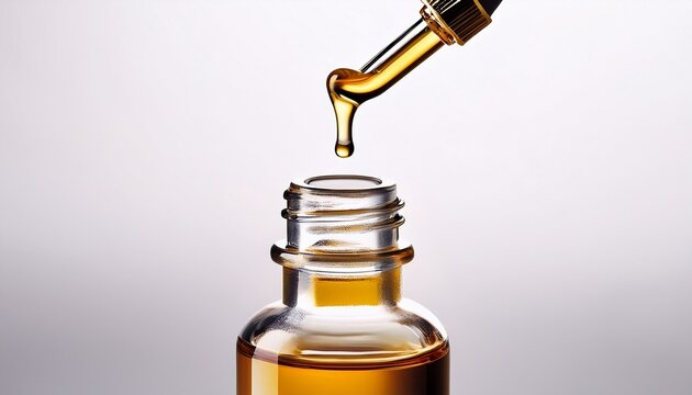 dropper releasing golden liquid into clear glass bottle on white background minimalist style