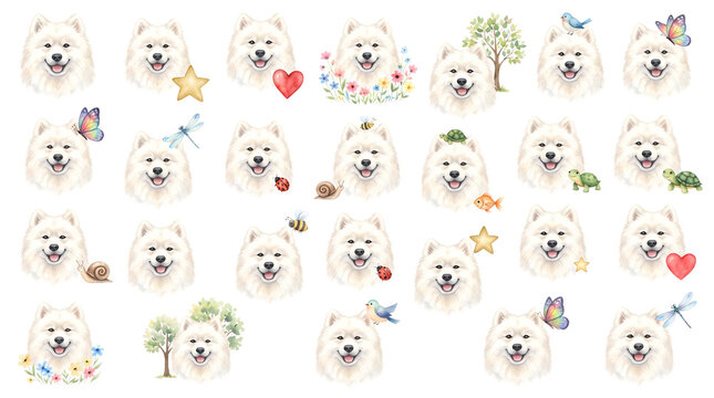 Adorable Samoyed dog faces with various cheerful expressions and charming accessories like butterflies, bees, ladybugs, snails, turtles, and fish on a transparent background.