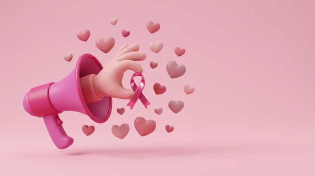 Breast cancer awareness pink ribbon megaphone with hearts