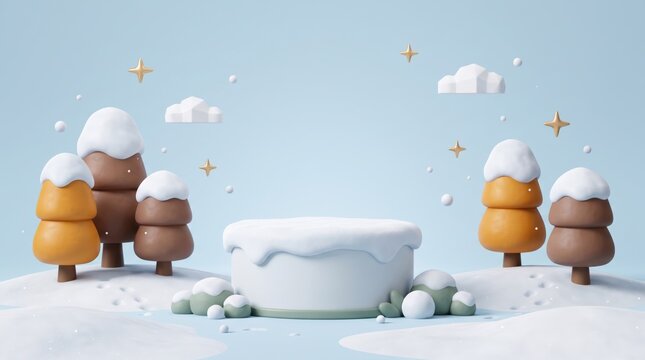 Whimsical winter scene with snow covered trees and podium