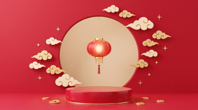 Chinese New Year background with red lantern and gold accents