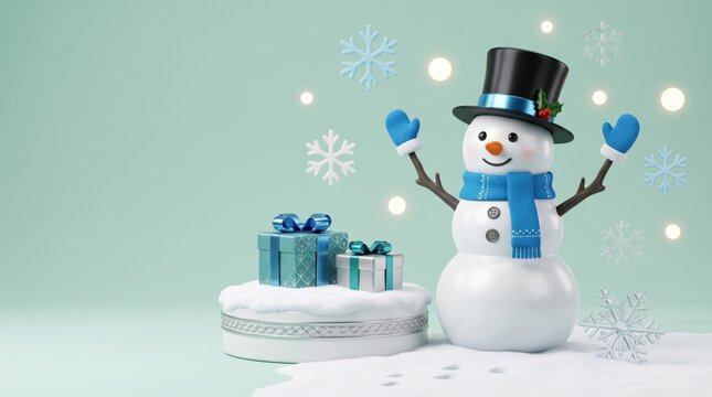 Festive snowman with gifts and snowflakes on mint green background