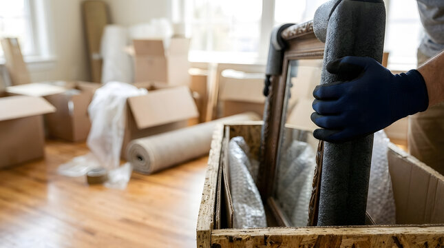 Mover in Gloves Unpacking Framed Picture from Wooden Crate | Professional Art Handler Unpacking Padded Mirror from Moving Box | Close Up of Mover Unpacking Fragile Framed Painting in Moving Crate 