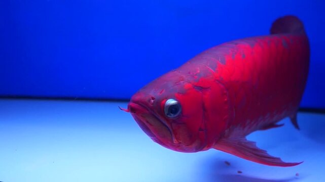 fish in aquarium. Close-up of a high grade Super Red Arowana dragon fish with vibrant red scales swimming in a blue background aquarium tank