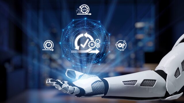 A futuristic robotic hand showcases a digital display with gears and icons, representing technology and automation in a modern workspace, emphasizing innovation. Synapse