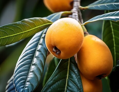 vibrant loquat fruits on tree branch with green leaves