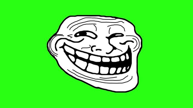 Classic troll face meme illustration isolated on a bright vibrant green background