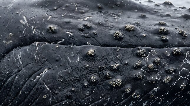 macro close up shot of a humpback whale skin texture with dark grey tone bumpy tubercles and barnacles close up of natural marine wildlife surface