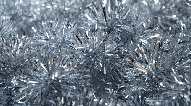 Sparkling silver tinsel strands create a festive and glamorous holiday decoration background