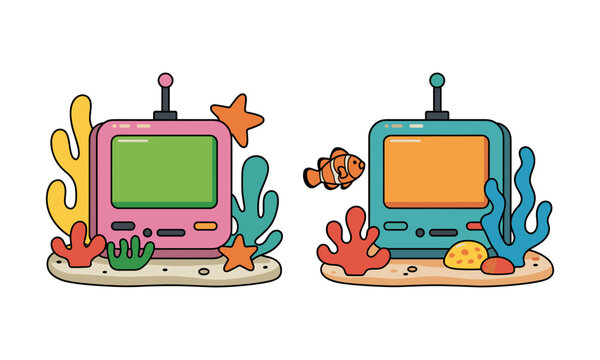 Retro television set under ocean with coral reefs starfish and clownfish vector illustration