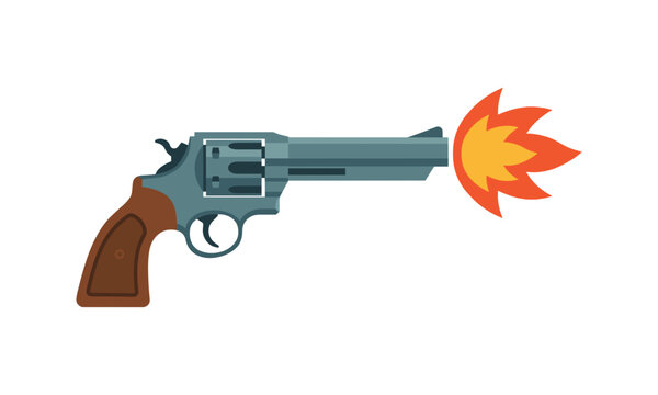Firing revolver handgun with bright muzzle flash spark cartoon flat vector illustration