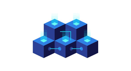 Naklejka premium Abstract 3D Isometric Blue Cubes Representing Blockchain Technology, Big Data Infrastructure, and Digital Network Connections