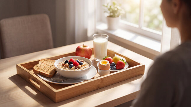 Better Breakfast Month features a breakfast tray with oatmeal toast eggs fruit and milk by window for morning care poster