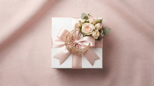 Elegant gift box with crescent moon ornament and floral decor