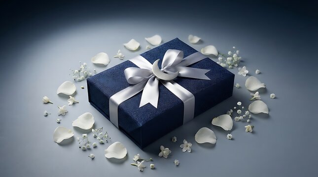 Blue gift box with silver ribbon and crescent moon ornament