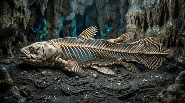 Prehistoric fish skeleton fossil preserved in dark limestone cave paleontology science concept