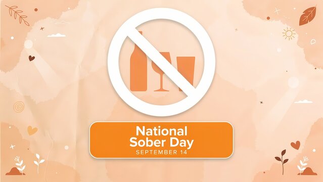 National sober day concept with no alcohol sign and september 14 date on a soft orange background