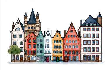 Fototapeta premium Stylized Cologne Old Town Architecture with Colorful Houses on White Background
