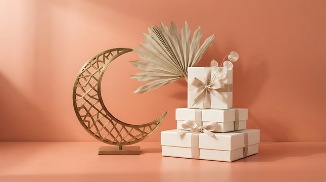 Ramadan kareem decorative crescent moon and gift boxes