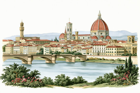 Florence Watercolor Illustration with Cathedral Dome and Bridge on White Background