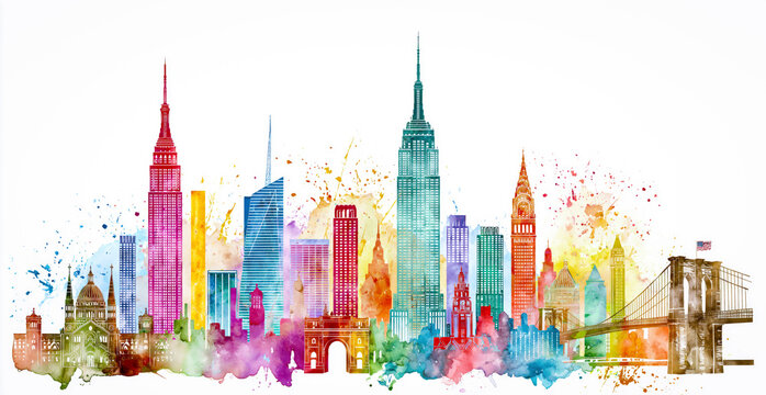 New York Watercolor Illustration with Colorful Landmarks on White Background