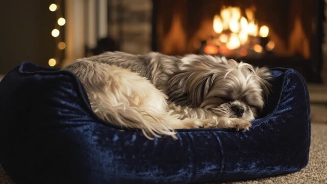 Cozy Shih Tzu dog sleeping soundly on plush bed near warm fireplace peaceful winter night
