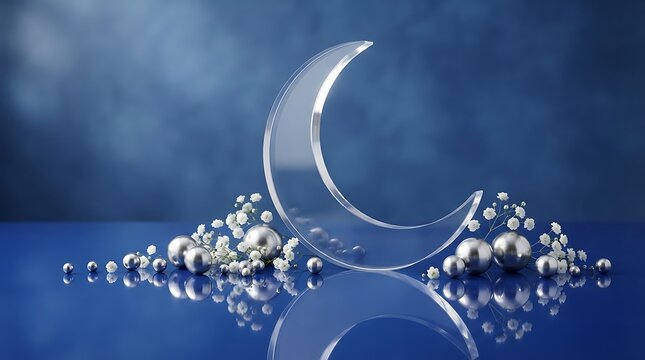 3d render of a glass crescent moon with silver spheres and flowers